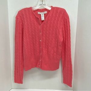 Ballinger Gold Button Up Cable Knit Cardigan M Coral Lambswool Angora Nylon FLAW